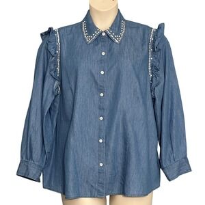 Cato Womens Top 18W Chambray Blue Button Up Pearls Rhinestones Country Western